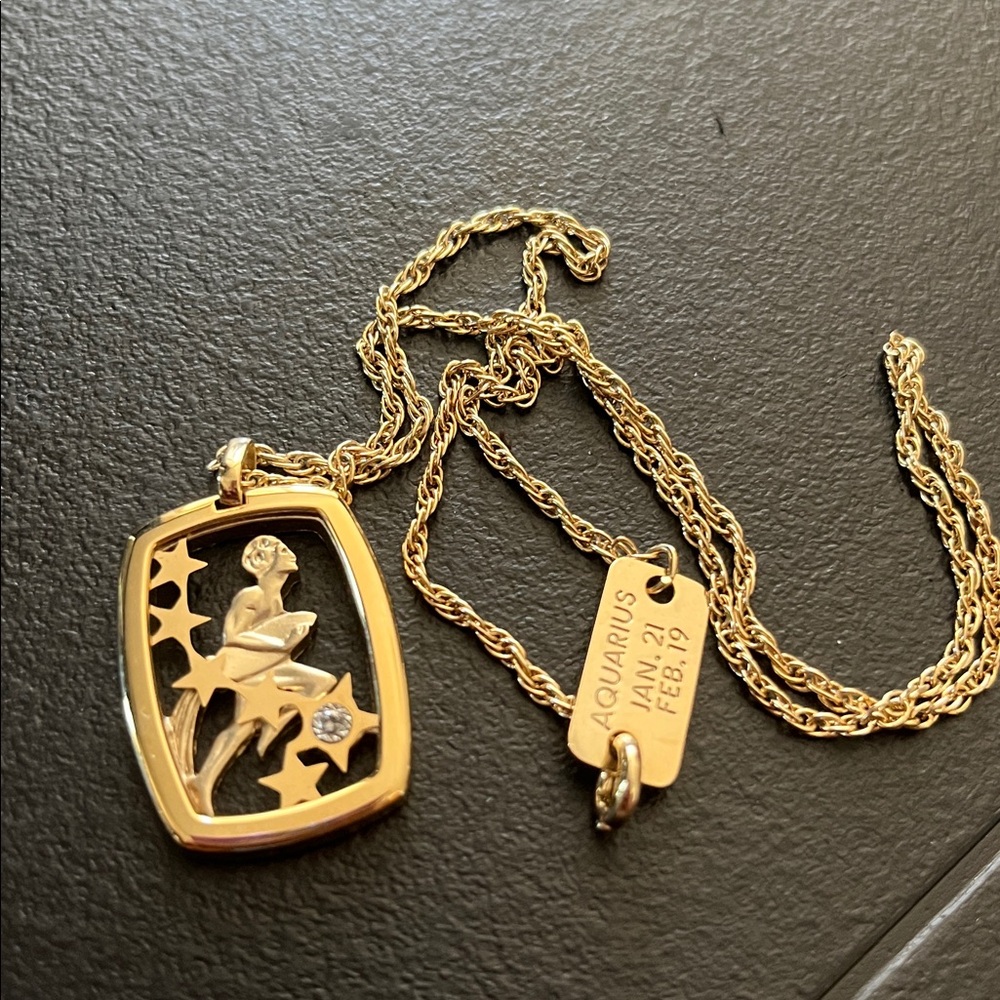 SALE Vintage Pierre Cardin Gold Zodiac Aquarius Pendant Genuine Diamond 22K GP